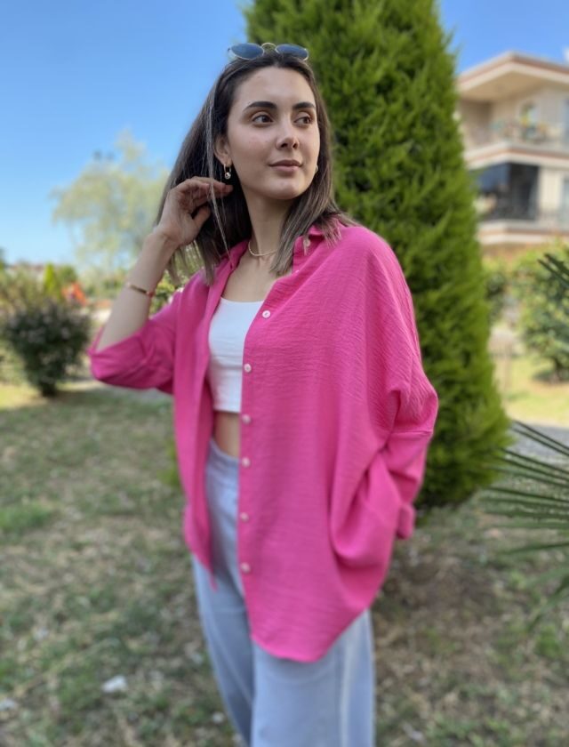 Fuşya Oversize Keten Gömlek