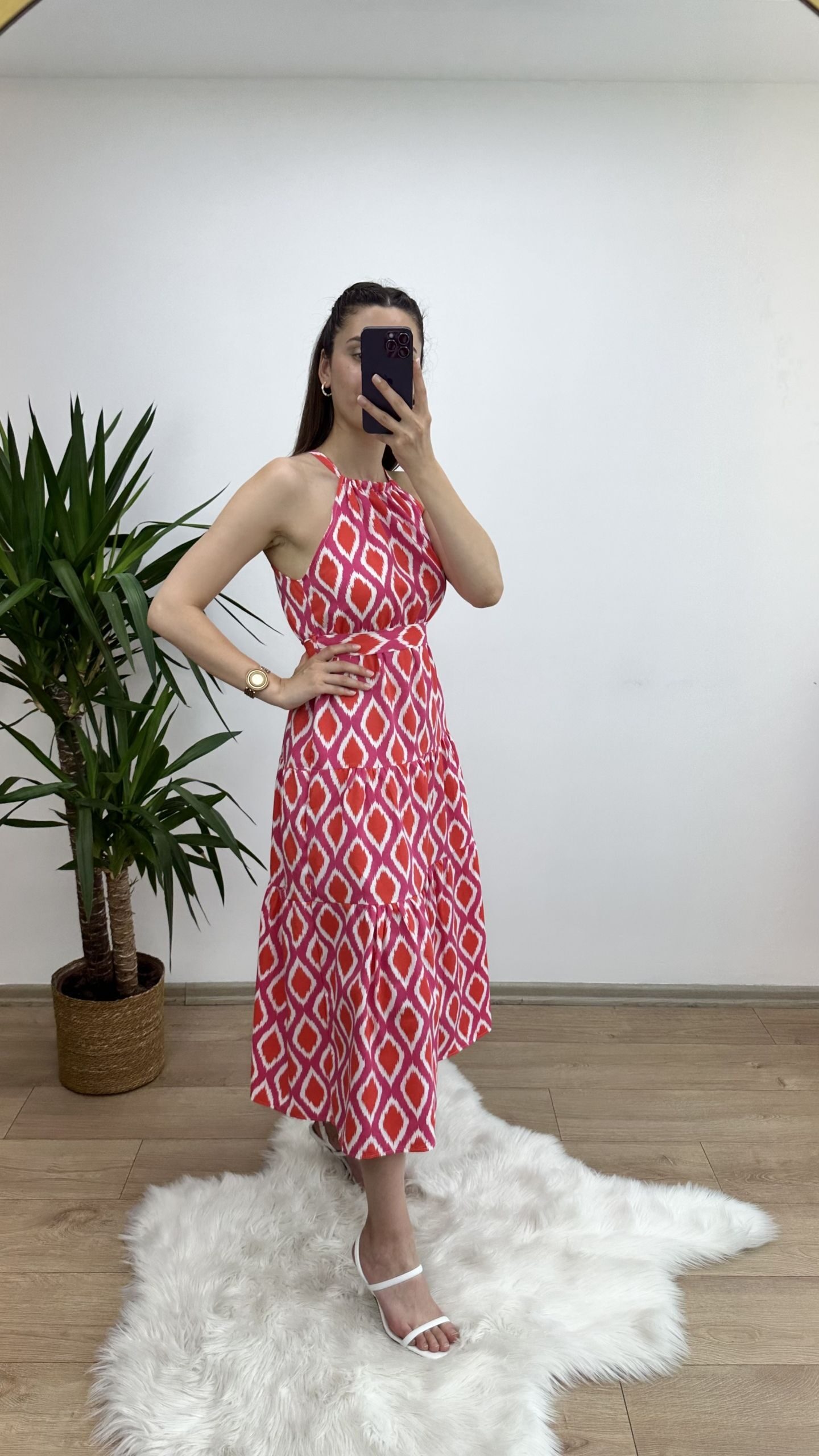 Pembe/Narçiçeği Boyundan Ayarlı Elbise - Görsel 4
