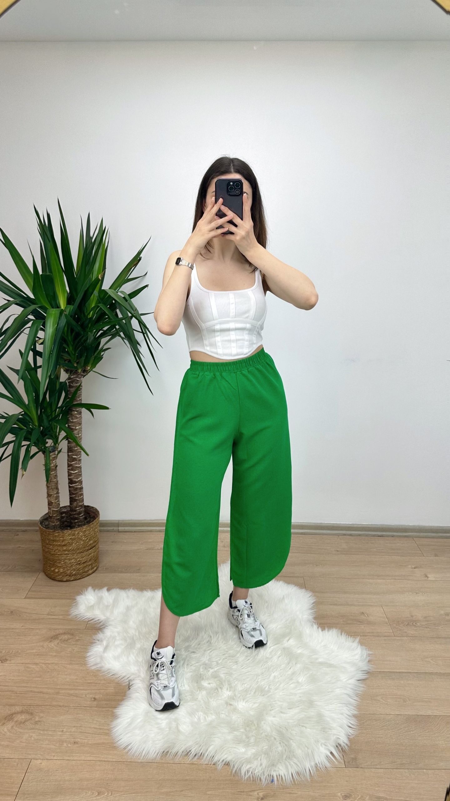 Yeşil Yırtmaçlı Keten Pantolon - Görsel 3