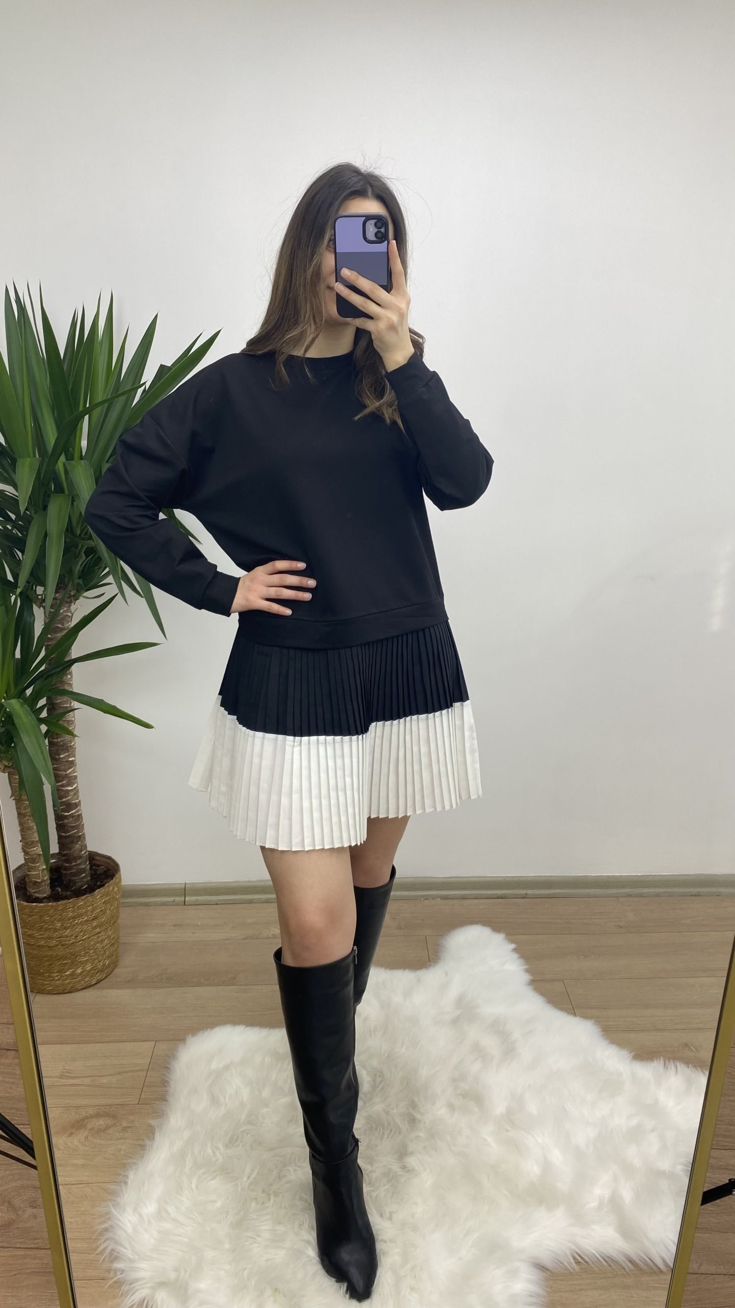 Siyah Piliseli Sweat Elbise