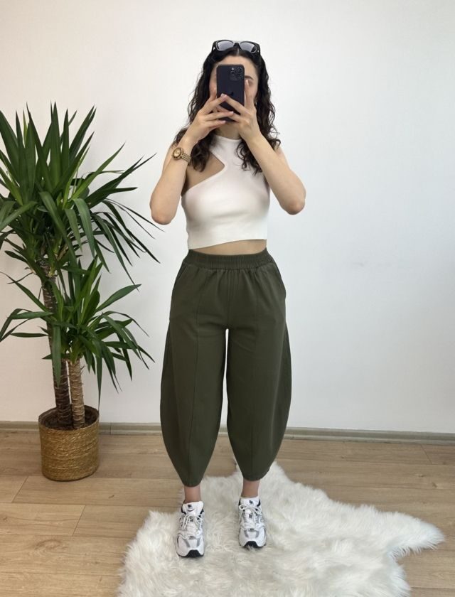 Haki Gabardin Dikişli Şalvar Pantolon