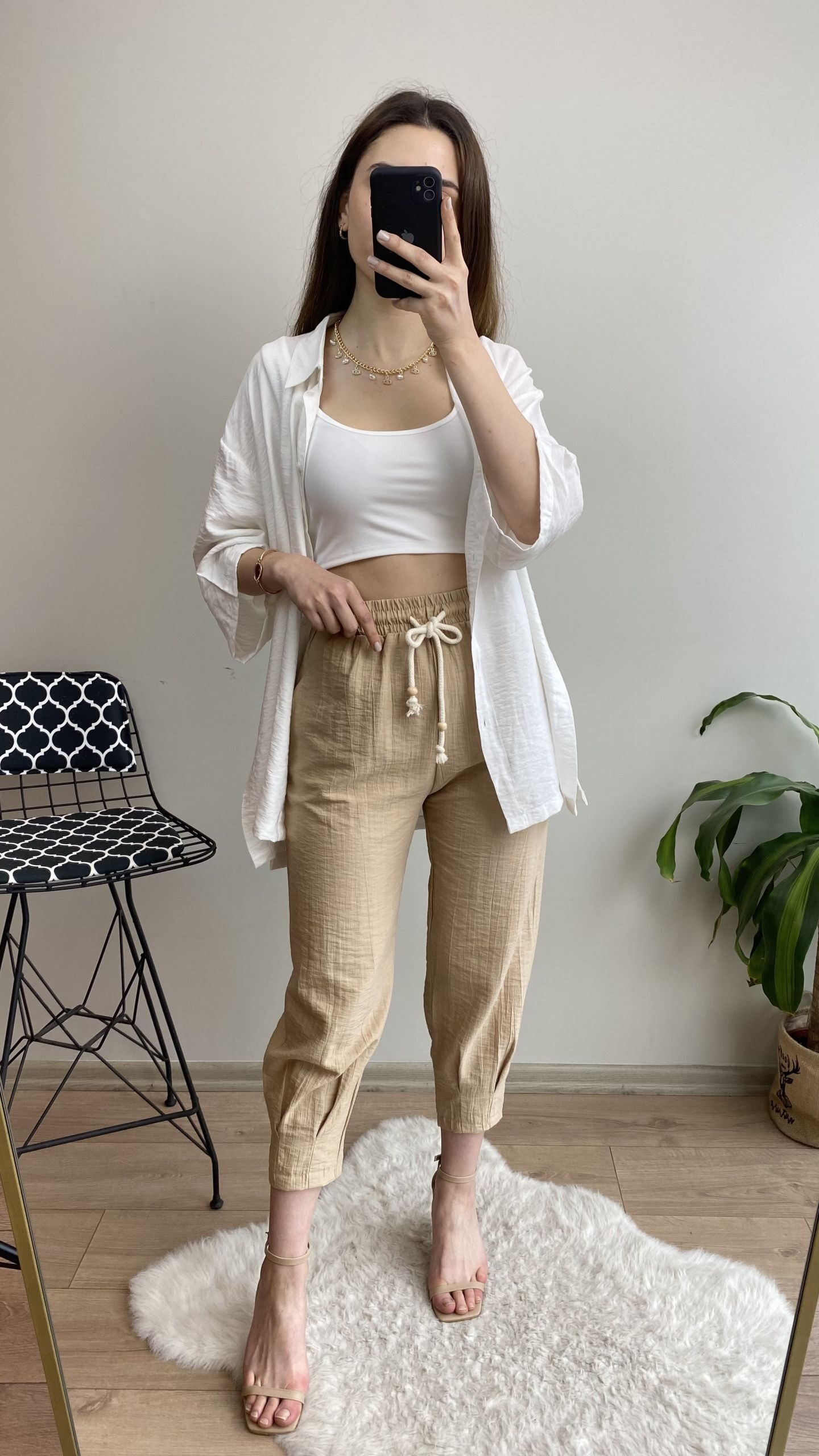 Camel Beli İpli Paça Pensli Pantolon