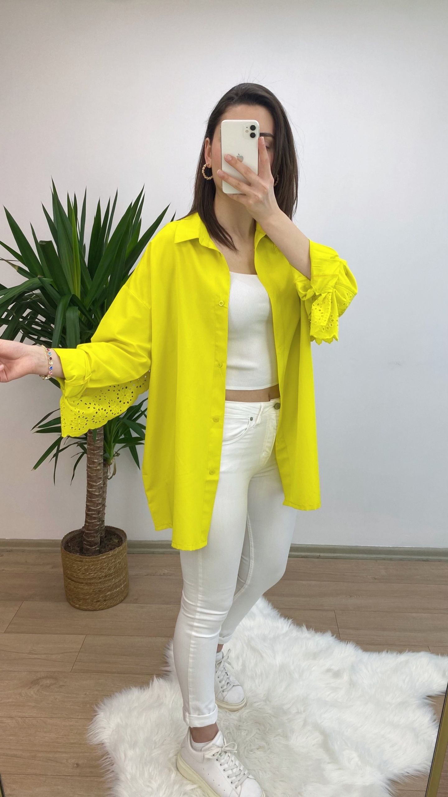 Sarı Fisto Detay Oversize gömlek - Görsel 4