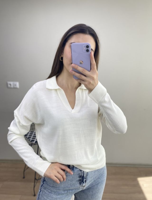 Ekru Polo Yaka İnce Kazak