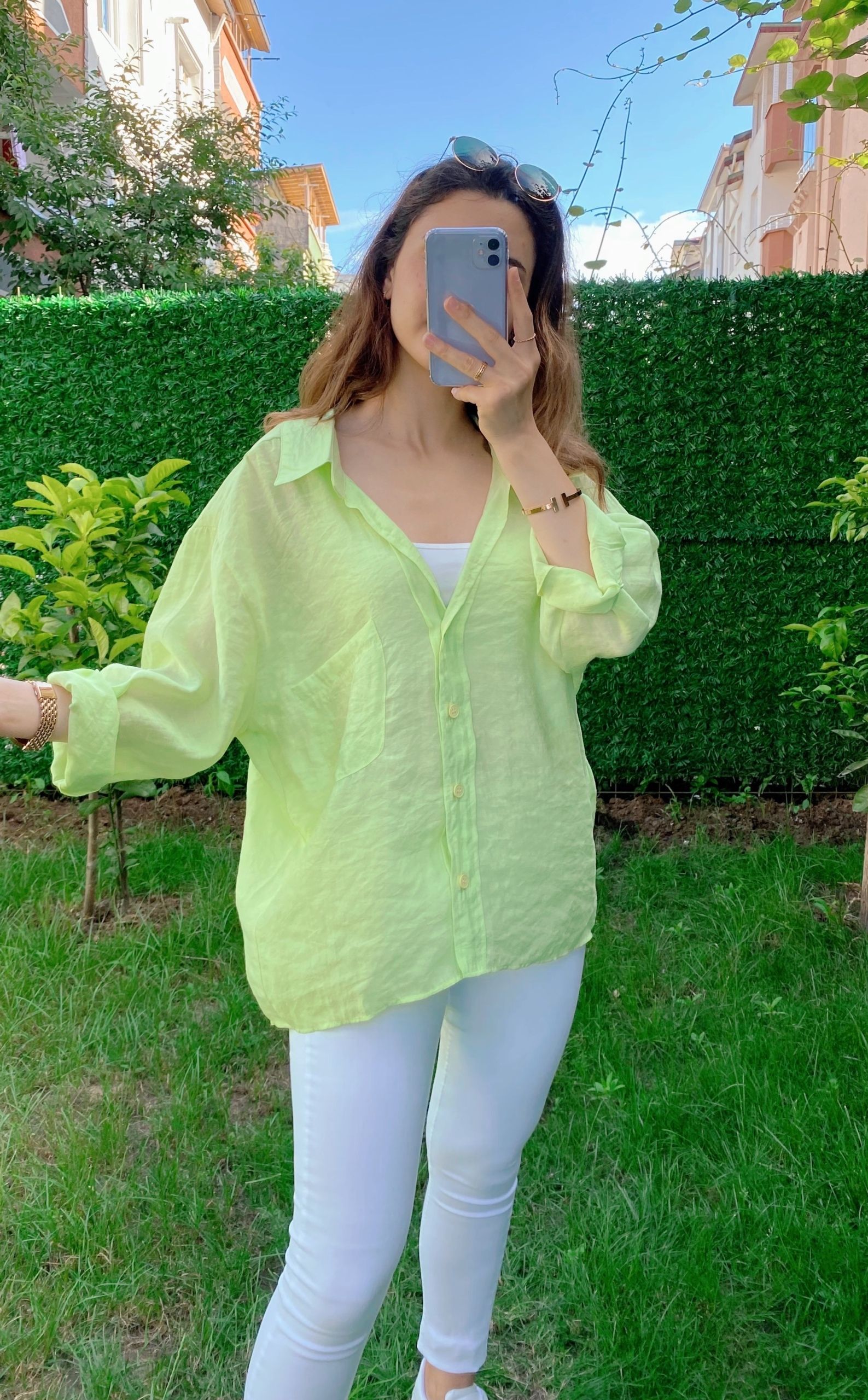 Neon Sarı Düşük Omuz Oversize Gömlek - Görsel 3