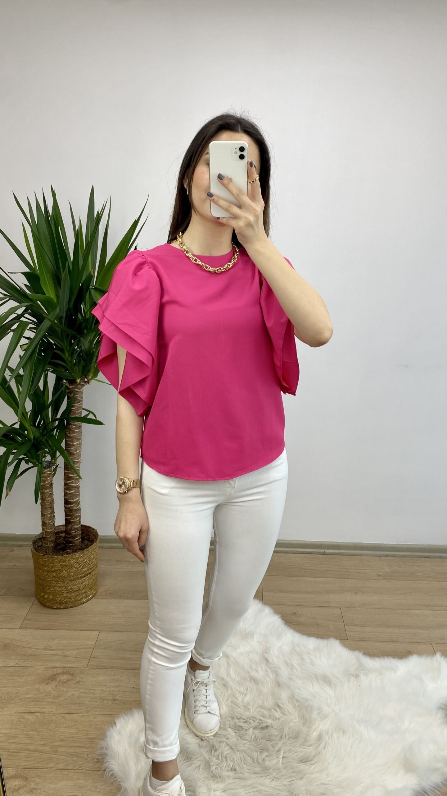 Fuşya Kolları Volanlı Poplin Bluz