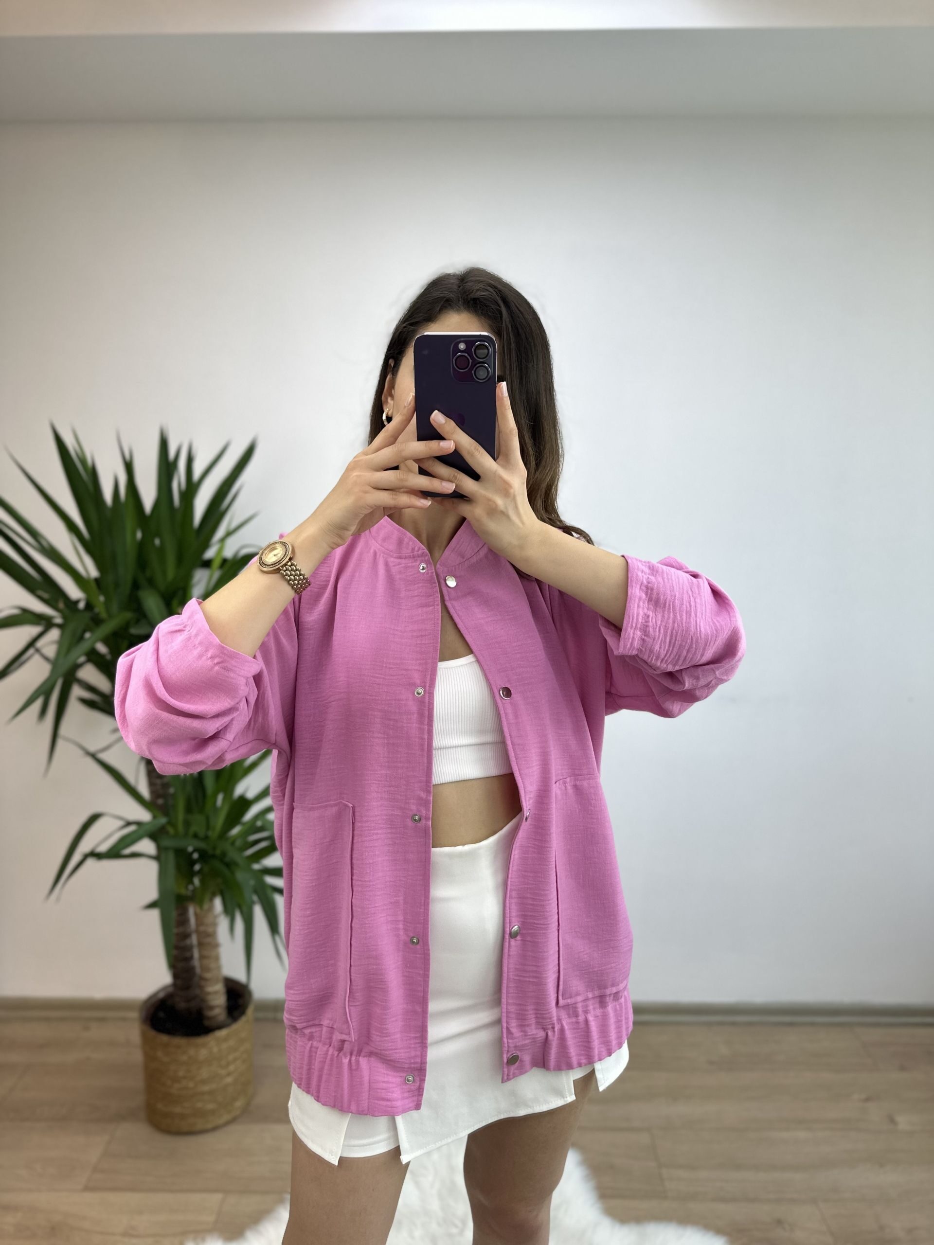 Pembe Keten Bomber Ceket - Görsel 3