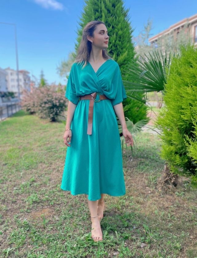 çimen Yeşil Kruvaze Keten Elbise