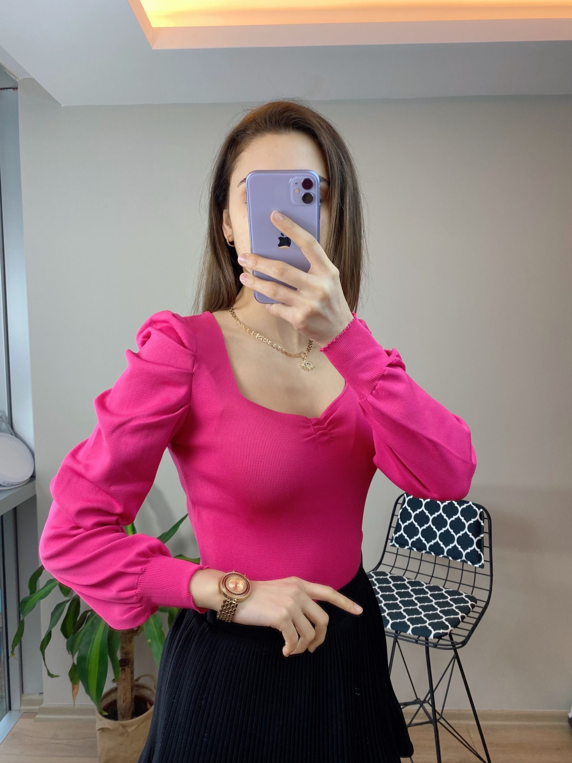 Pembe Prenses Kol Triko Bluz