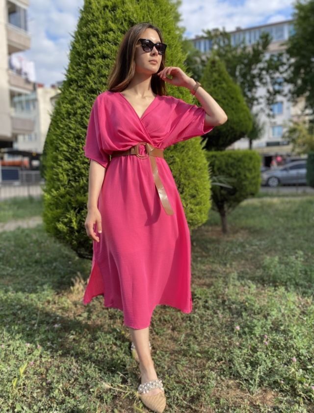 Fuşya kruvaze Keten Elbise