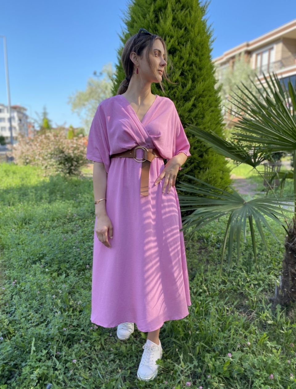 Pembe Kruvaze Keten Elbise - Görsel 6