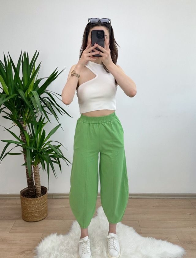Yeşil Dikişli Gabardin Şalvar Pantolon