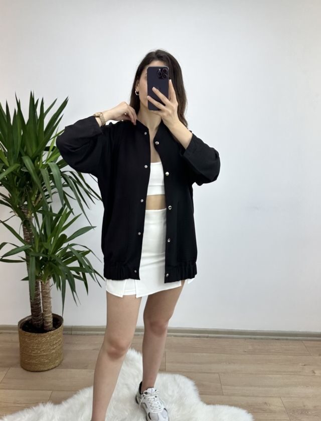 Siyah Keten Bomber Ceket