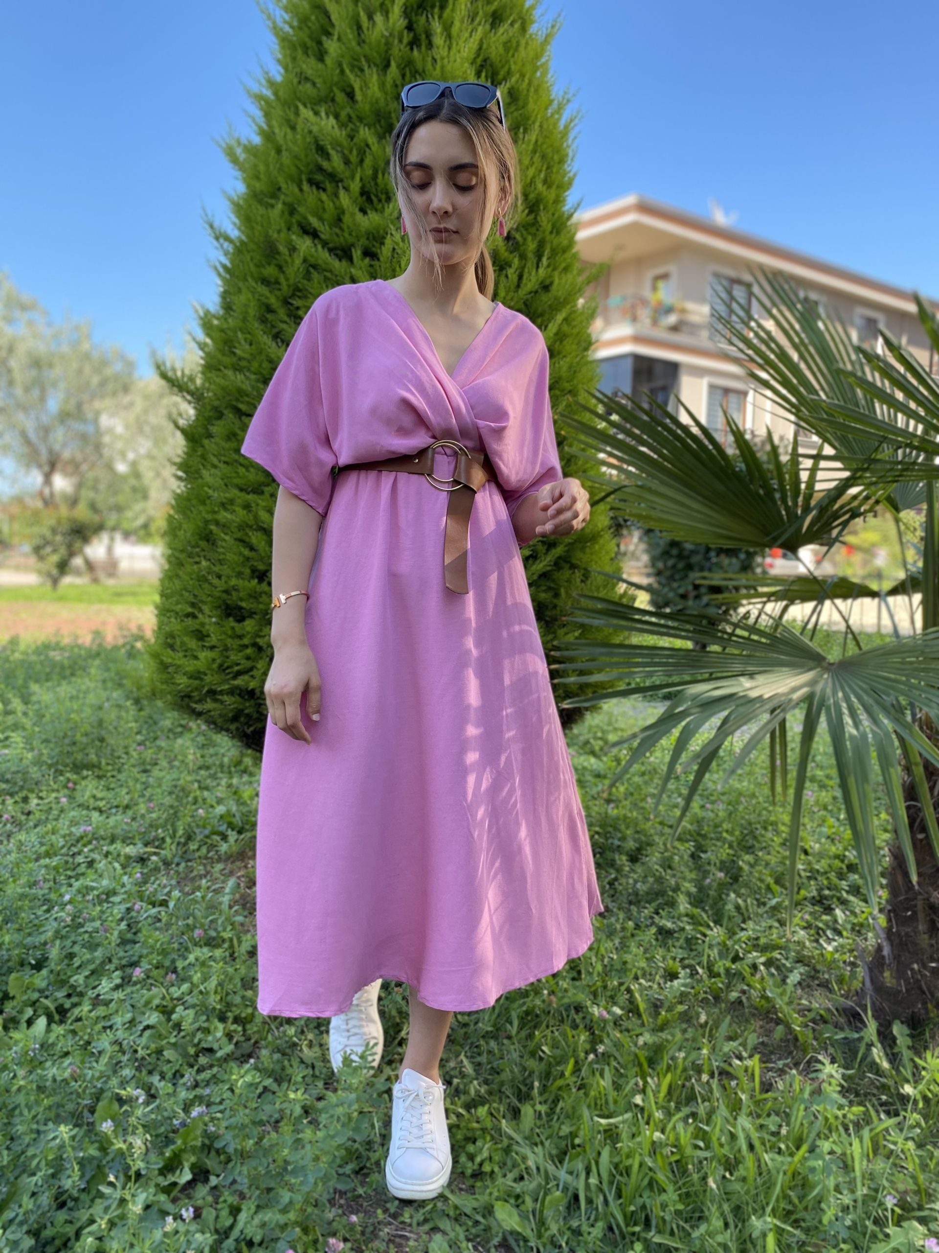 Pembe Kruvaze Keten Elbise - Görsel 3