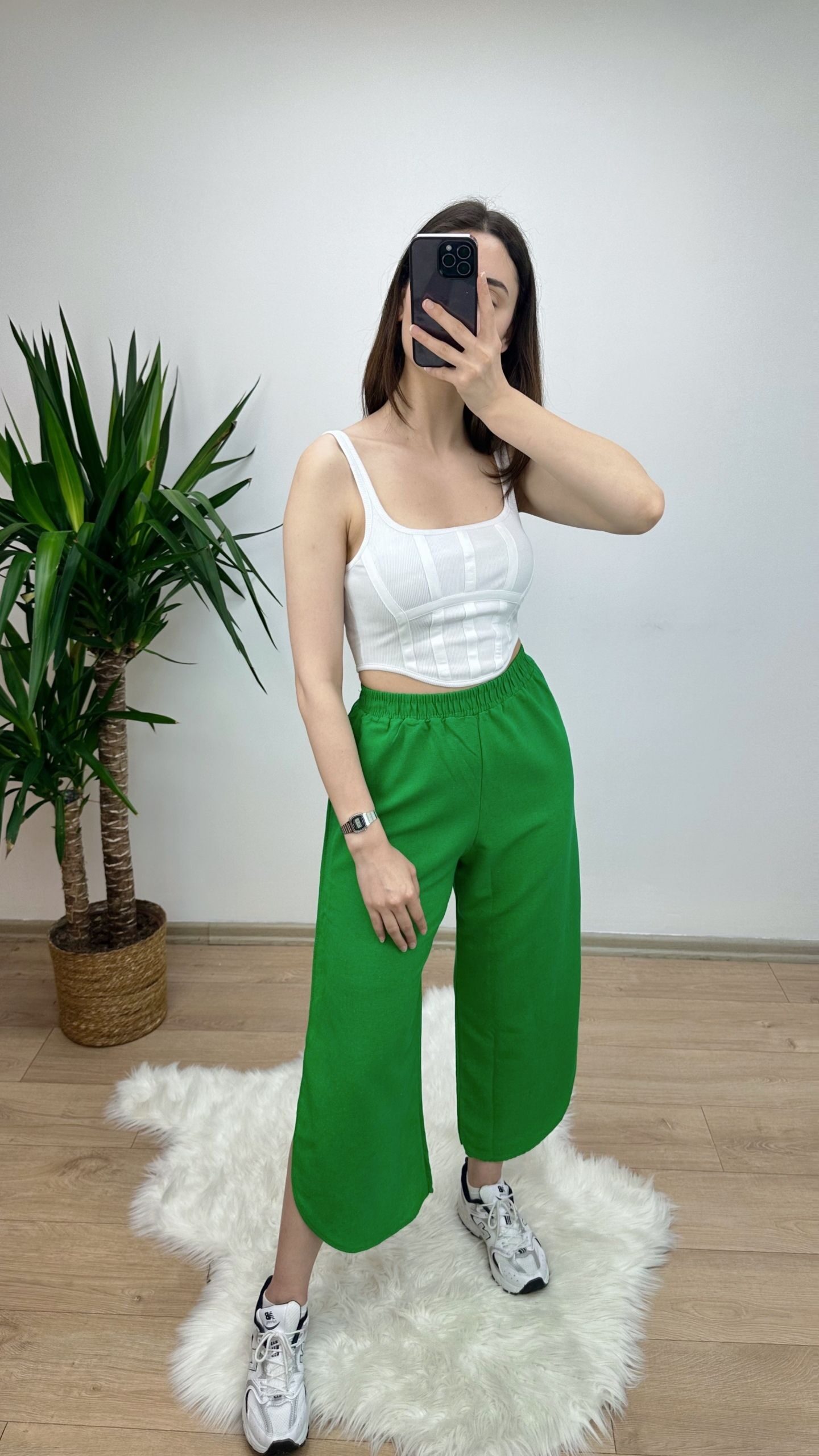 Yeşil Yırtmaçlı Keten Pantolon