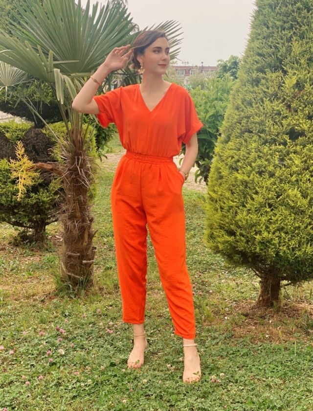 Turuncu V Yaka Beli Lastikli Tulum