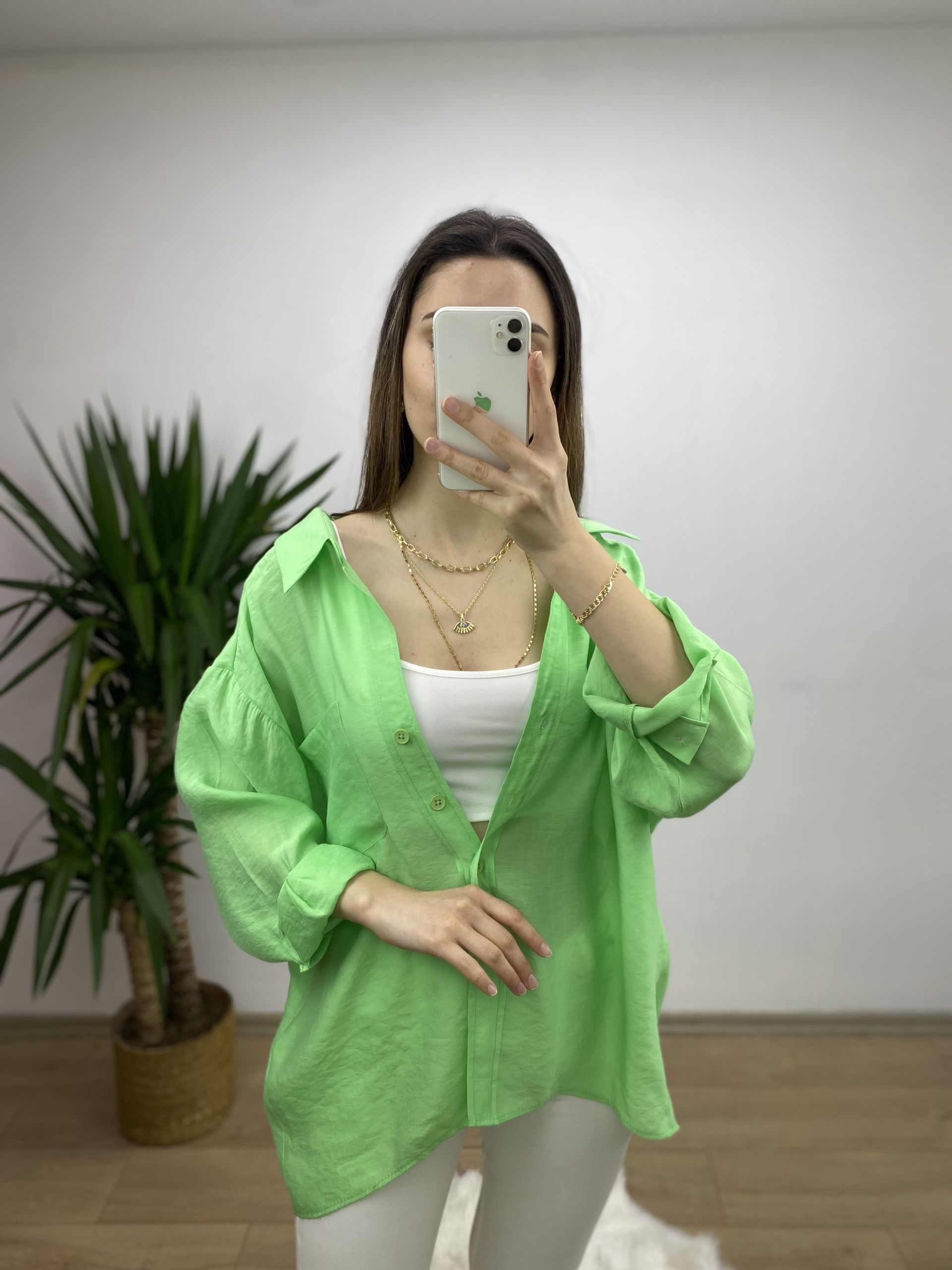 Yeşil Düşük Omuz Oversize Gömlek - Görsel 2