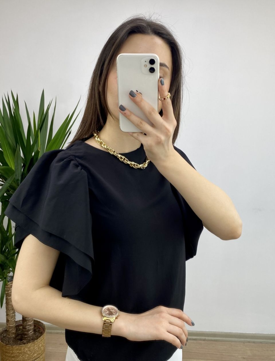 Siyah Kolları Volanlı Poplin Bluz - Görsel 3