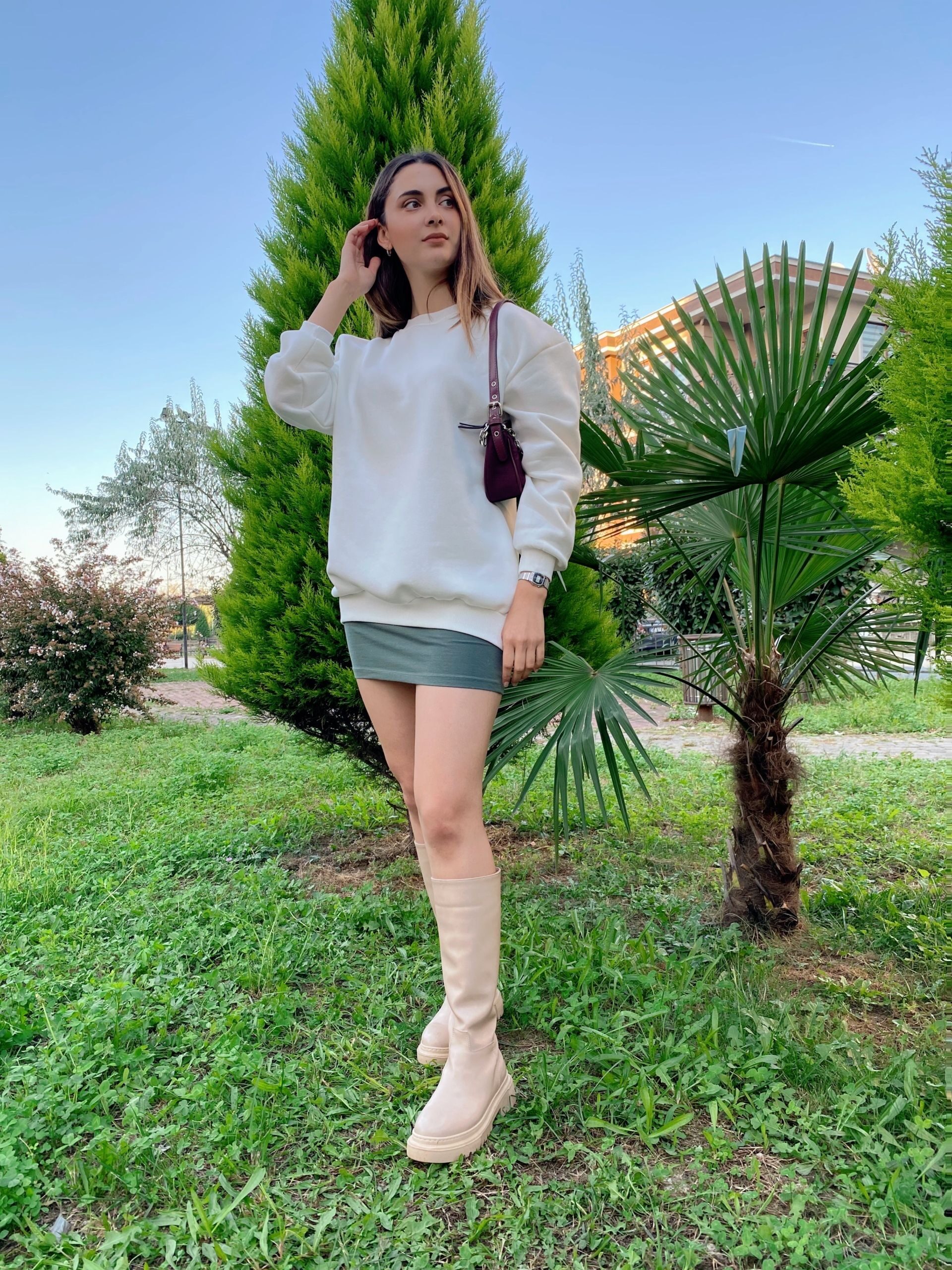 Ekru Şardonlu Oversize Sweat - Görsel 5