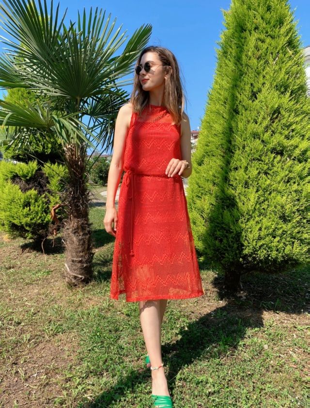 Nar Çiçeği Kuşaklı File Elbise