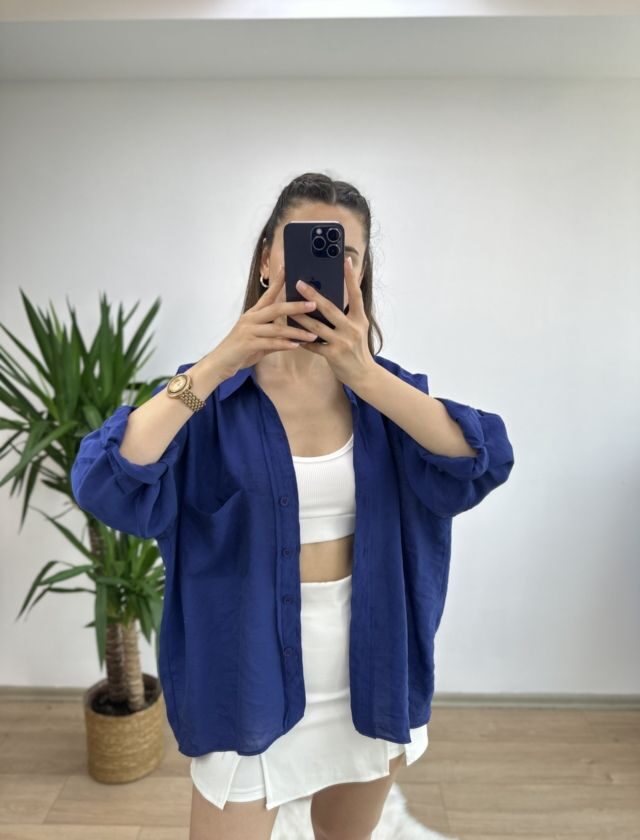 Koyu Mavi Düşük Omuz Oversize Gömlek