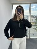 Siyah Bisiklet Yaka Düğmeli Kazak