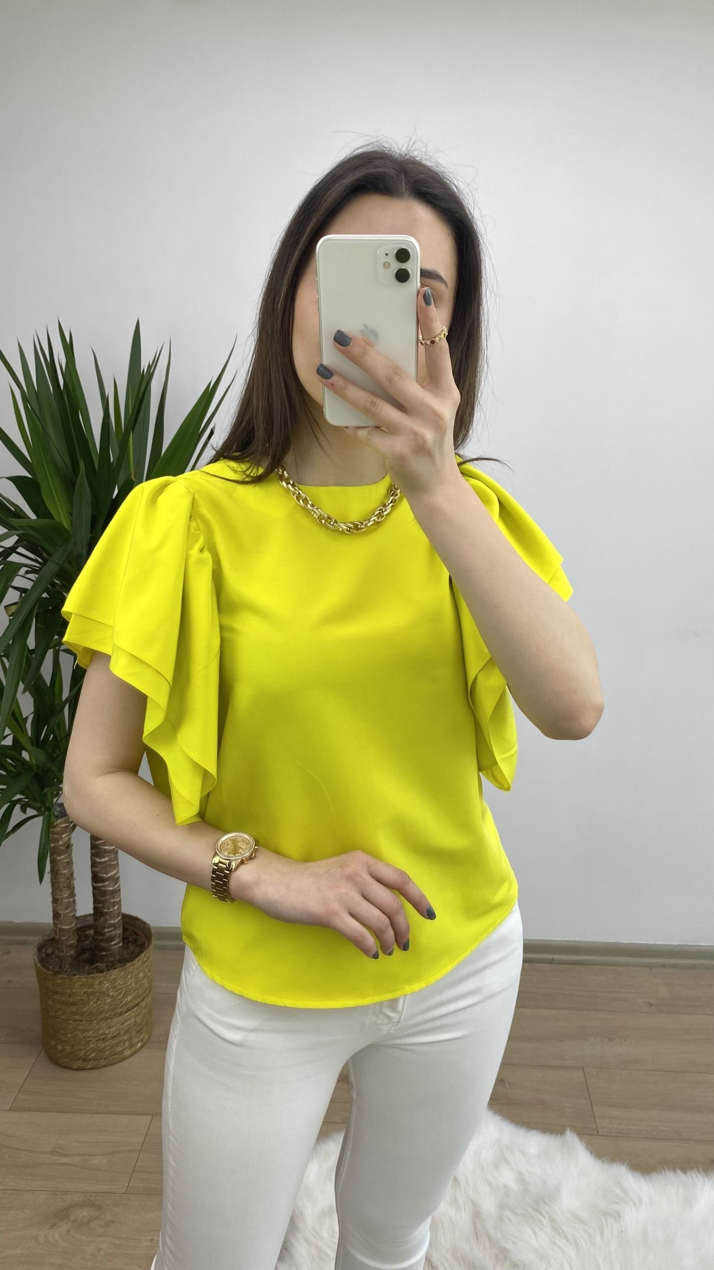 Sarı Kolları Volanlı Poplin Bluz - Görsel 3