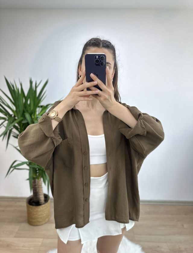 Kahve Düşük Omuz Oversize Gömlek