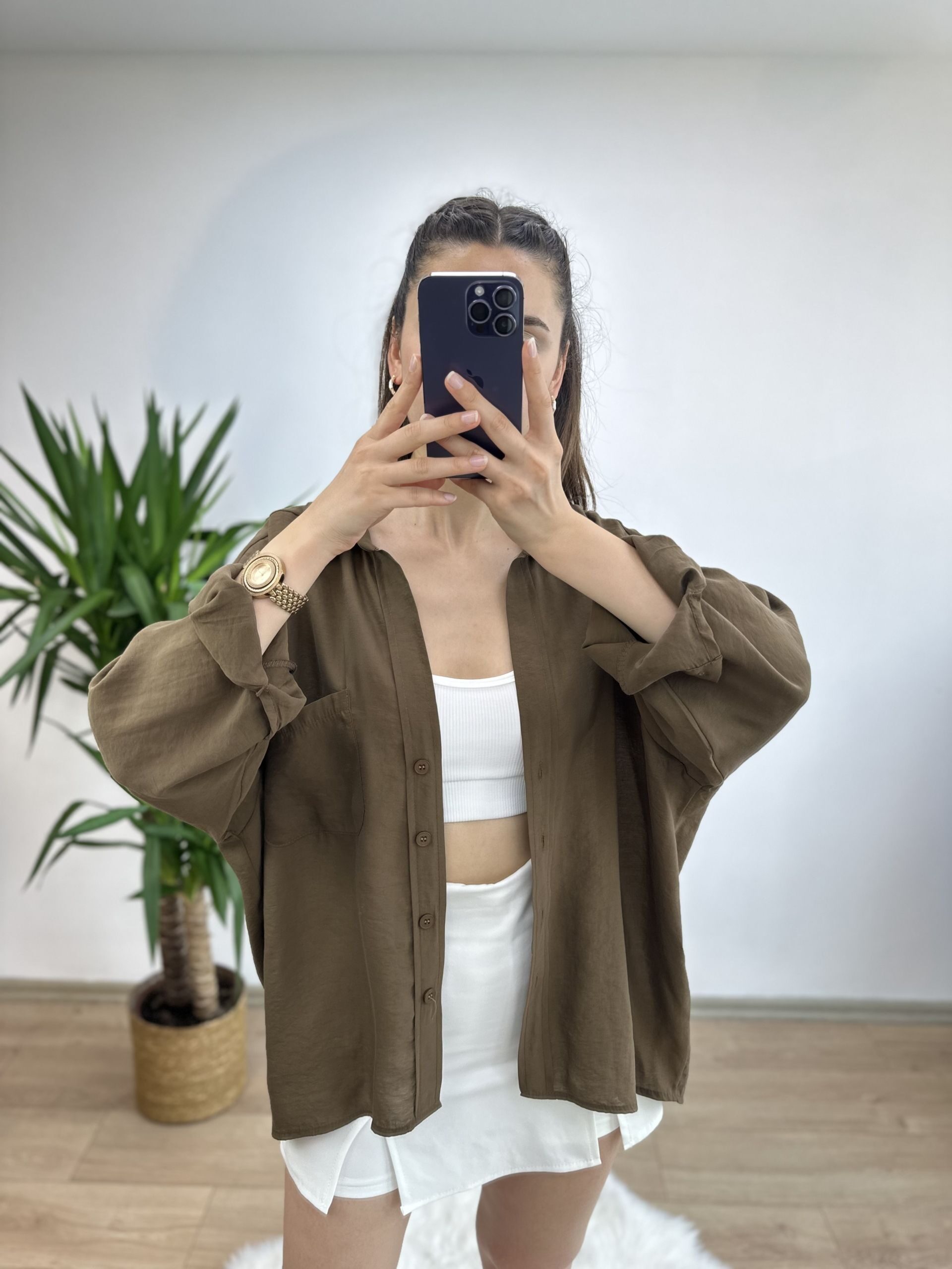 Kahve Düşük Omuz Oversize Gömlek
