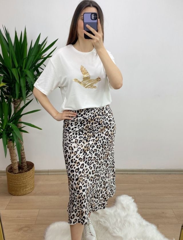 Ekru Leopar Desen Saten Etek