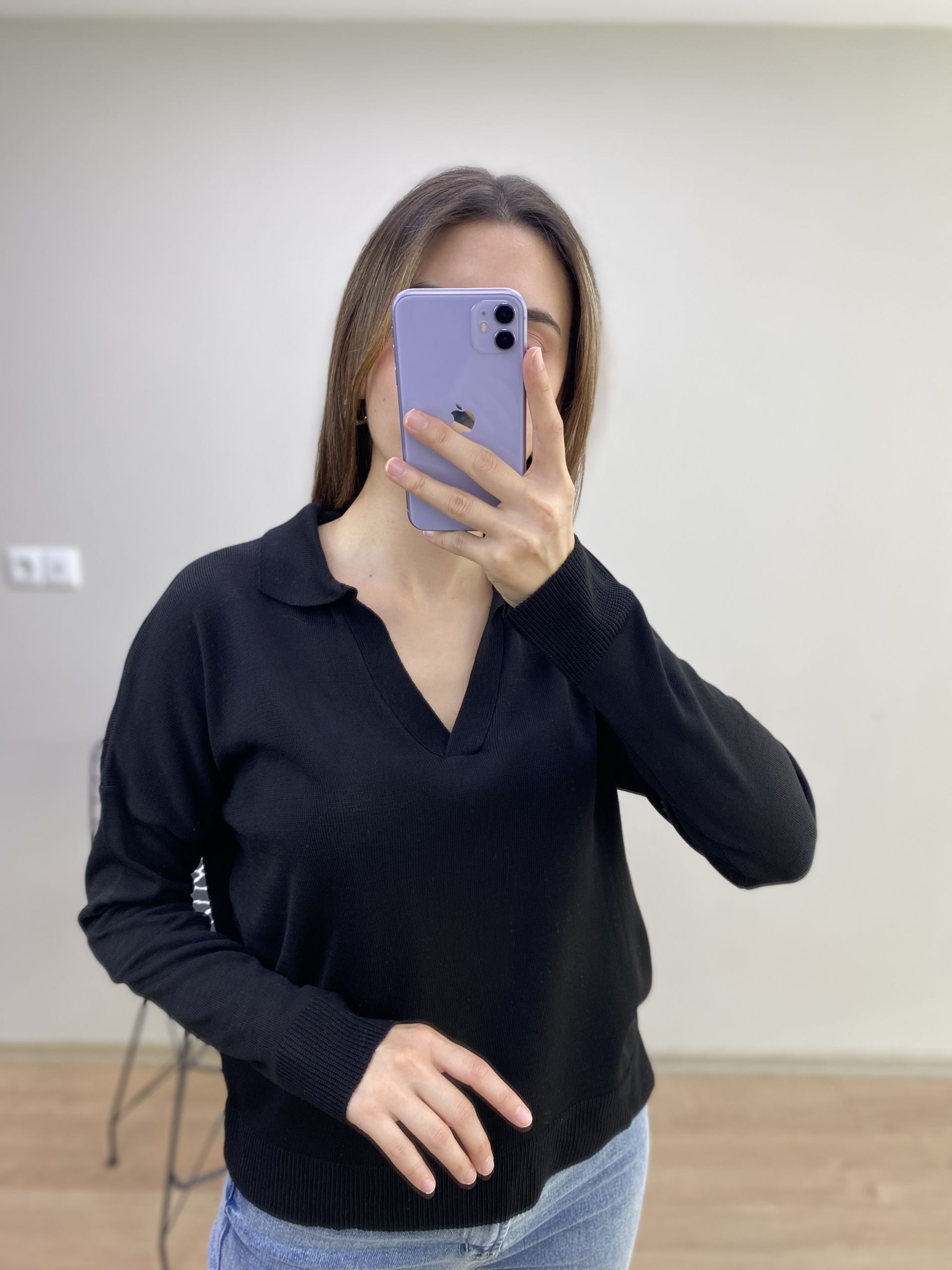 Siyah Polo Yaka İnce Kazak