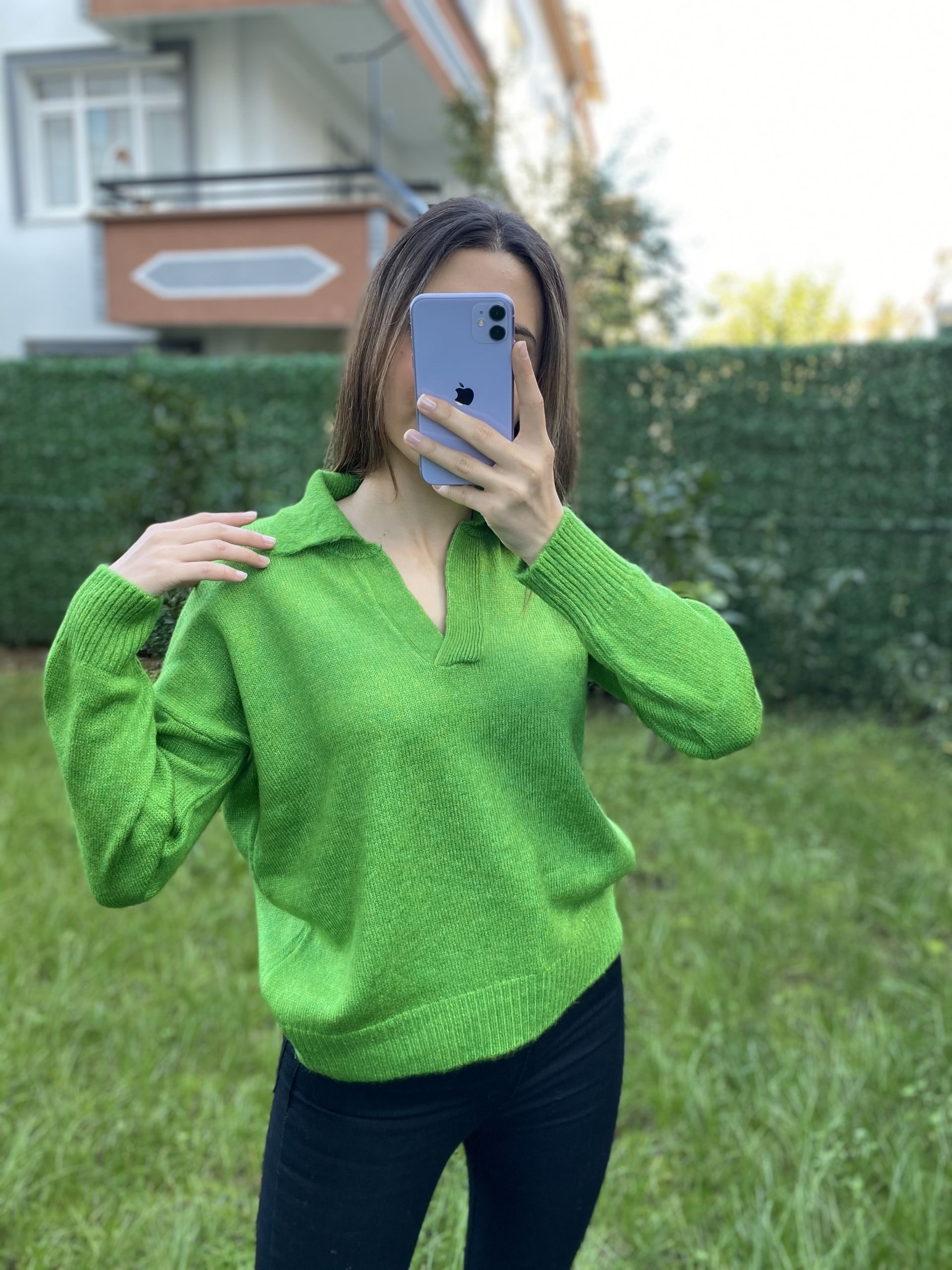 Yeşil Polo Yaka Örme Kazak - Görsel 3