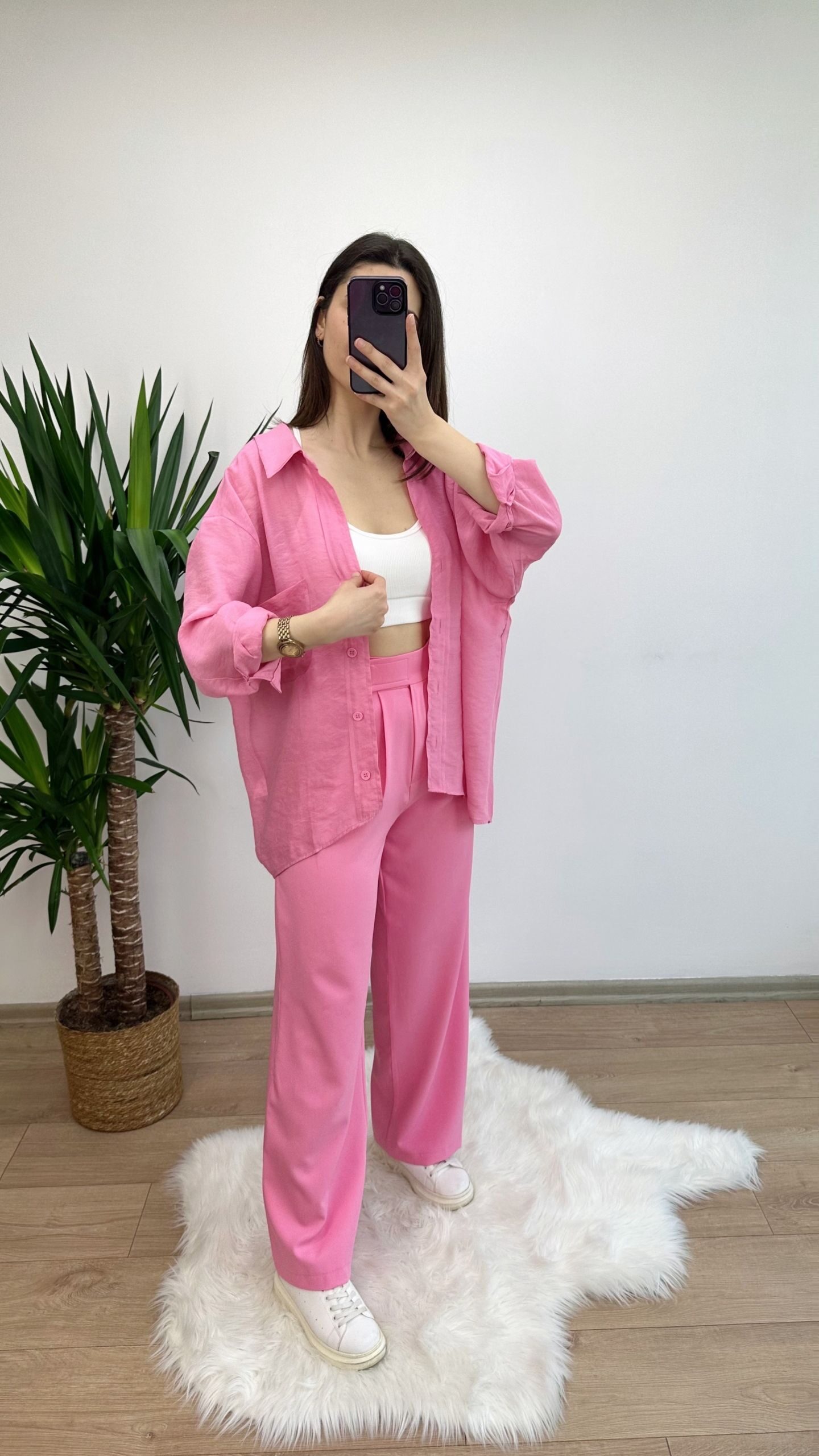 Pembe Beli Cırtlı Palazzo Pantolon - Görsel 3