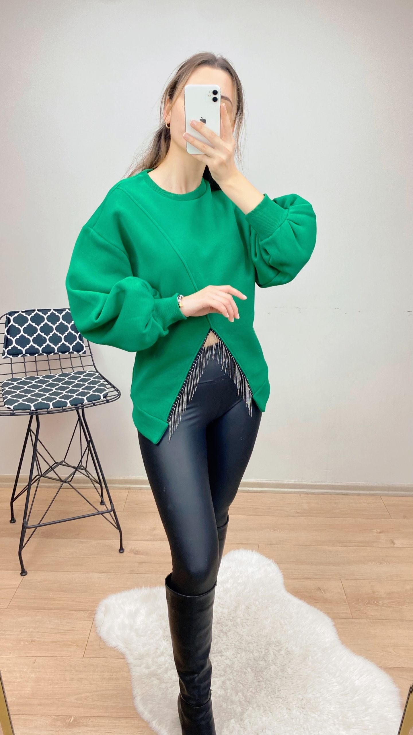 Yeşil Zincir Detay Şardonlu Sweat - Görsel 3