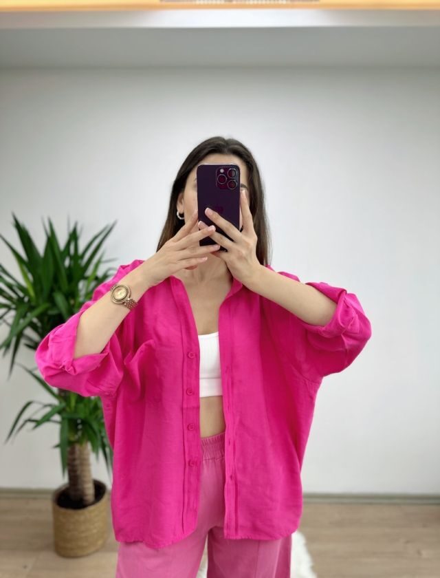 Fuşya Düşük Omuz Oversize Gömlek