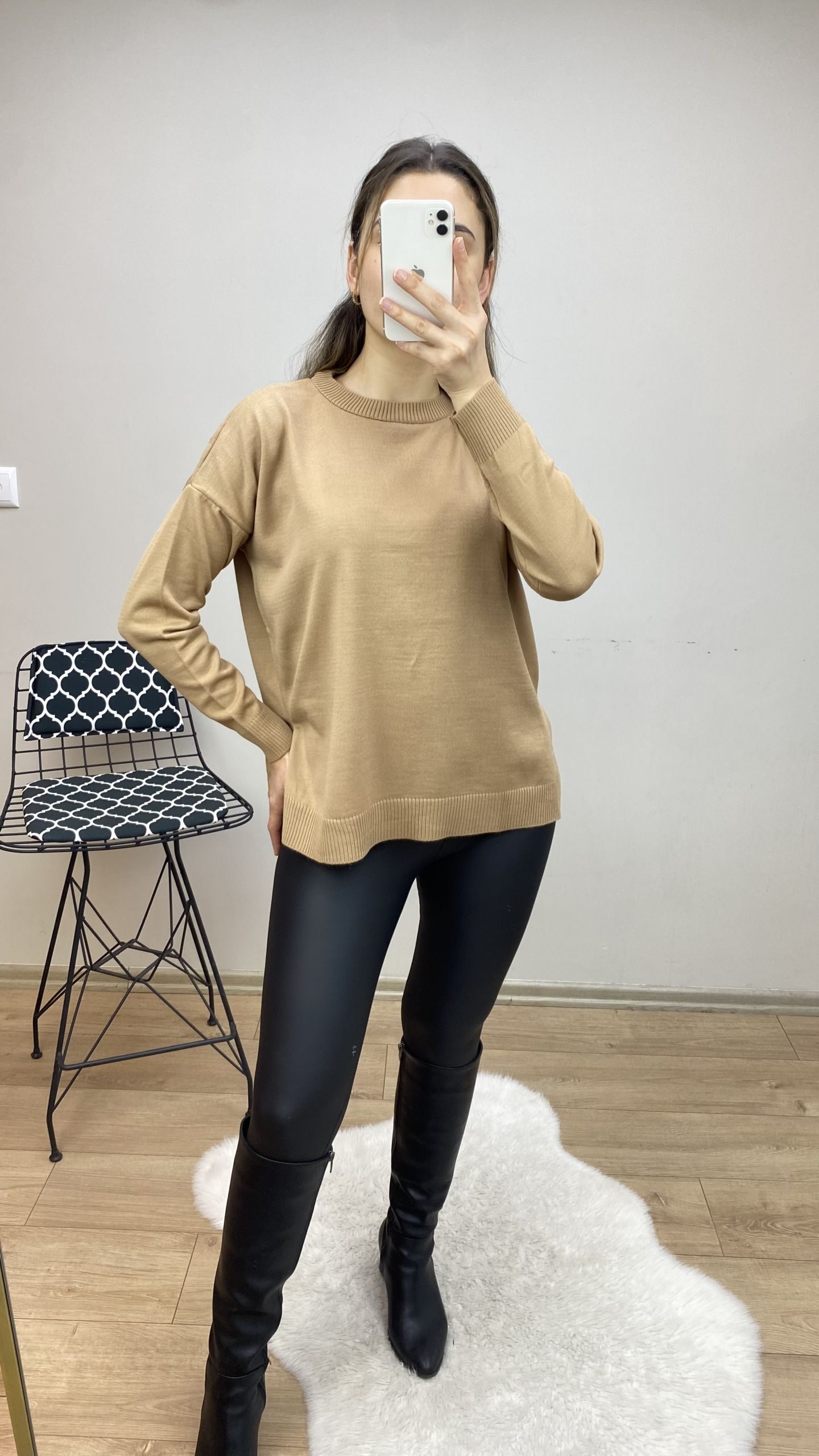 Camel Bisiklet Yaka Yırtmaçlı Kazak - Görsel 2