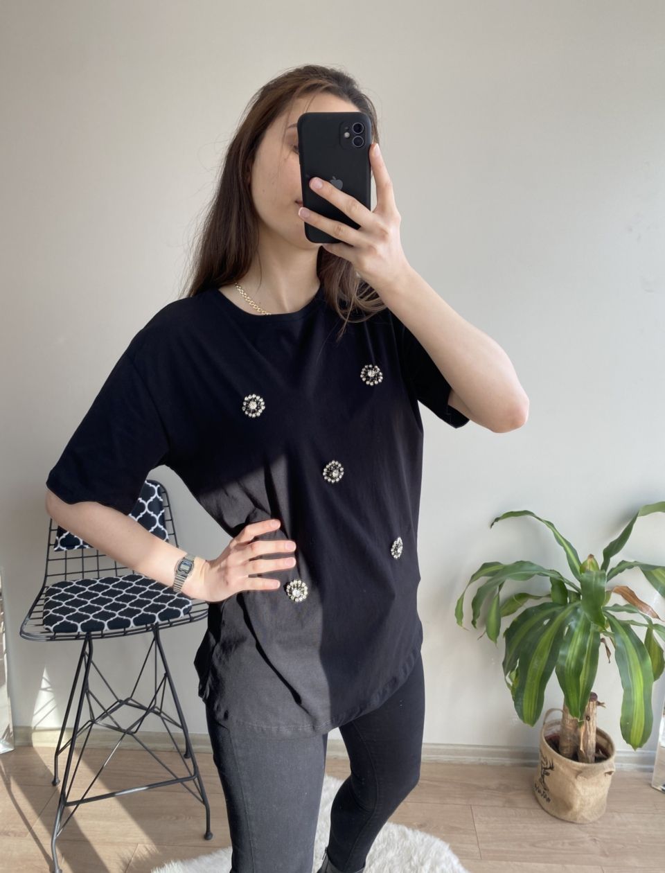Siyah Taşlı Oversize Tshirt - Görsel 3