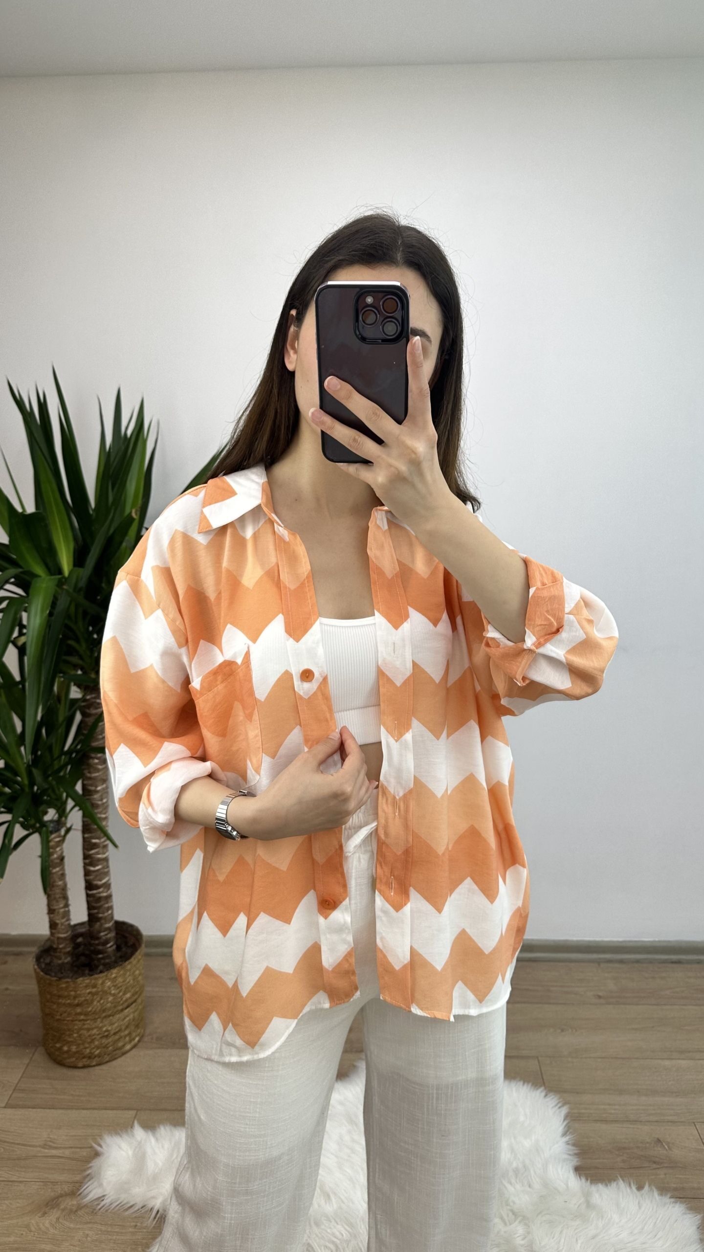 Turuncu Zigzag Desen Oversize Gömlek - Görsel 3