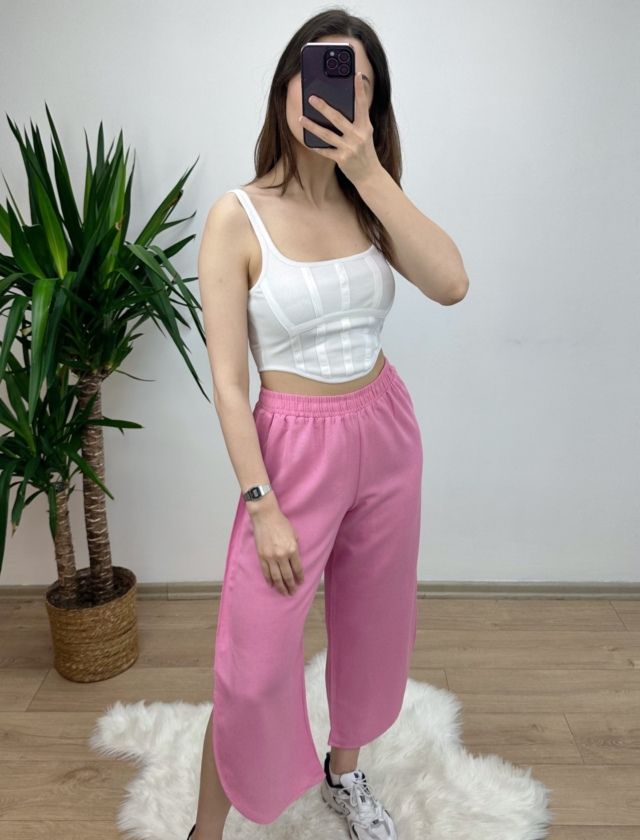 Pudra Yurtmaçlı Keten Pantolon