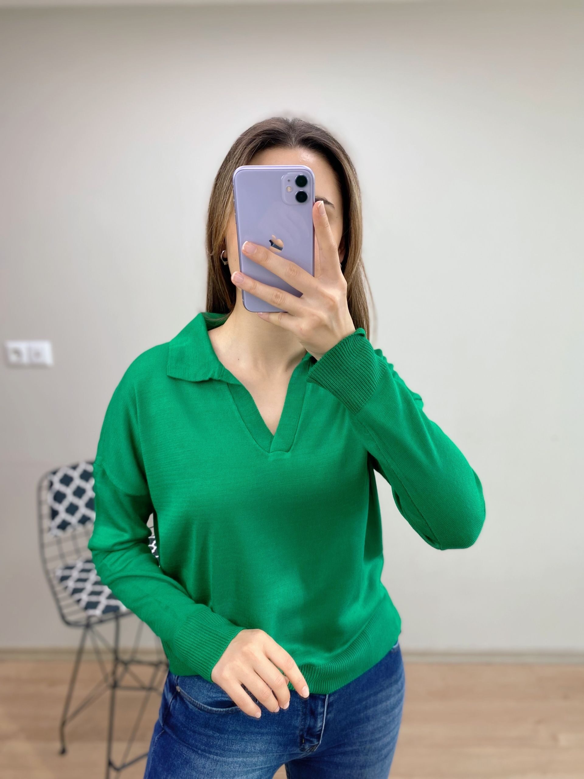 Yeşil Polo Yaka İnce Kazak