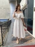 Beyaz Kolları Volanlı Keten Elbise