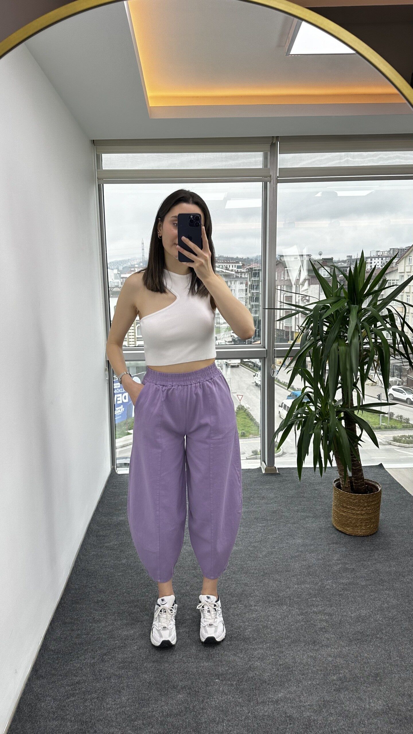 Lila Dikişli Gabardin Şalvar Pantolon