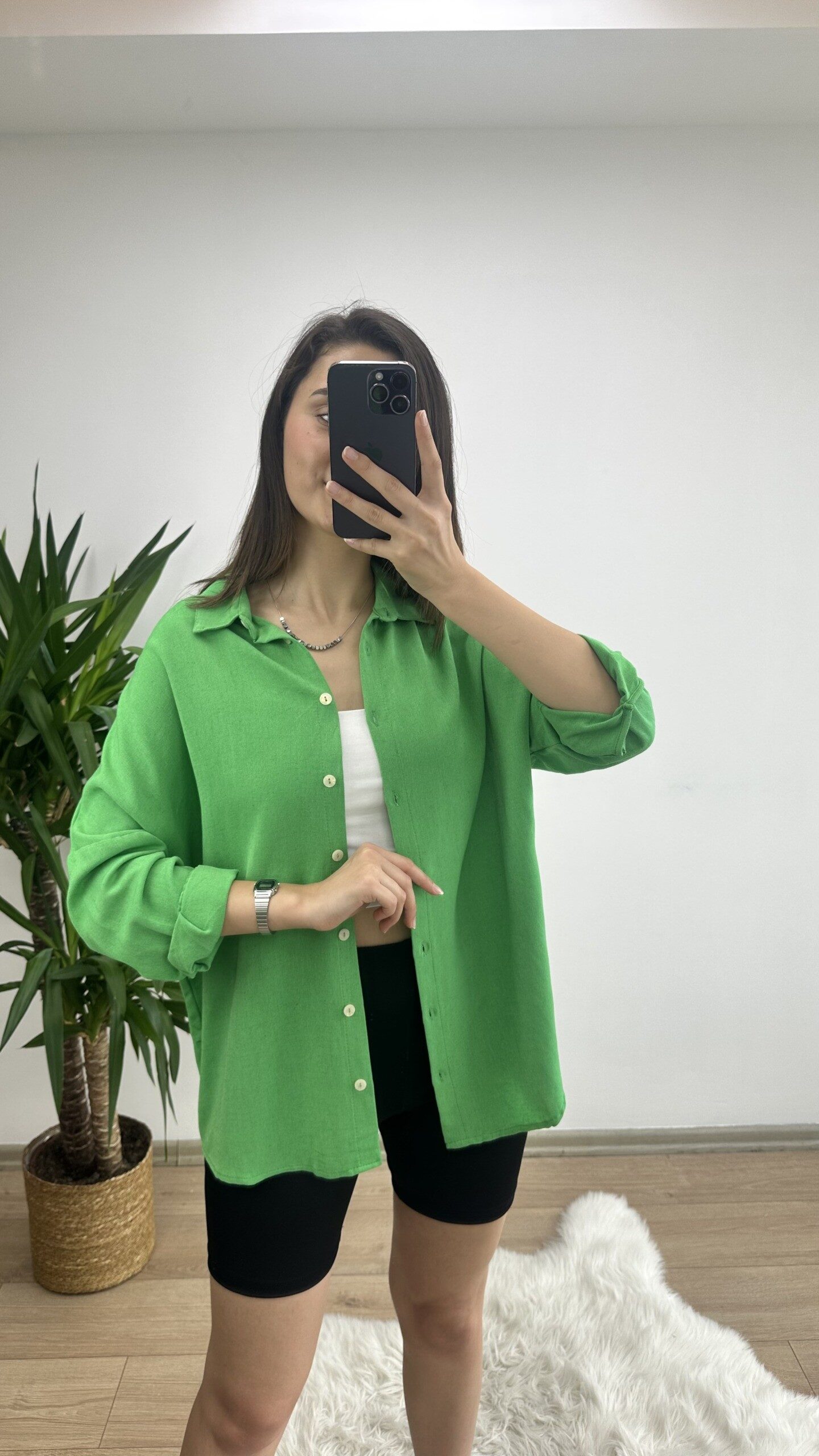 Yeşil Oversize Keten Gömlek
