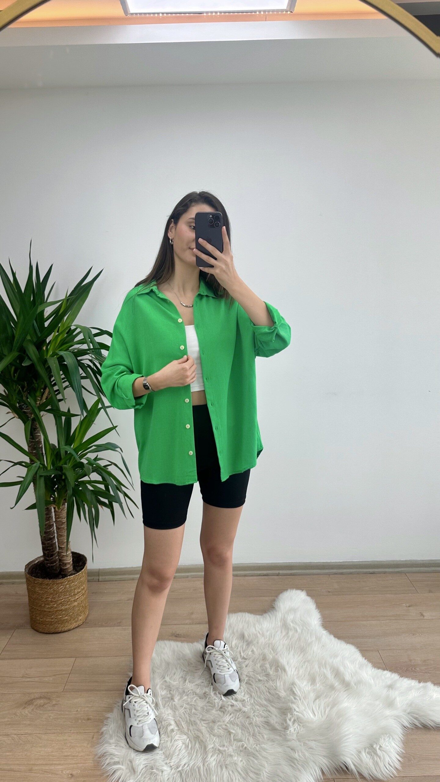 Yeşil Oversize Keten Gömlek - Görsel 2