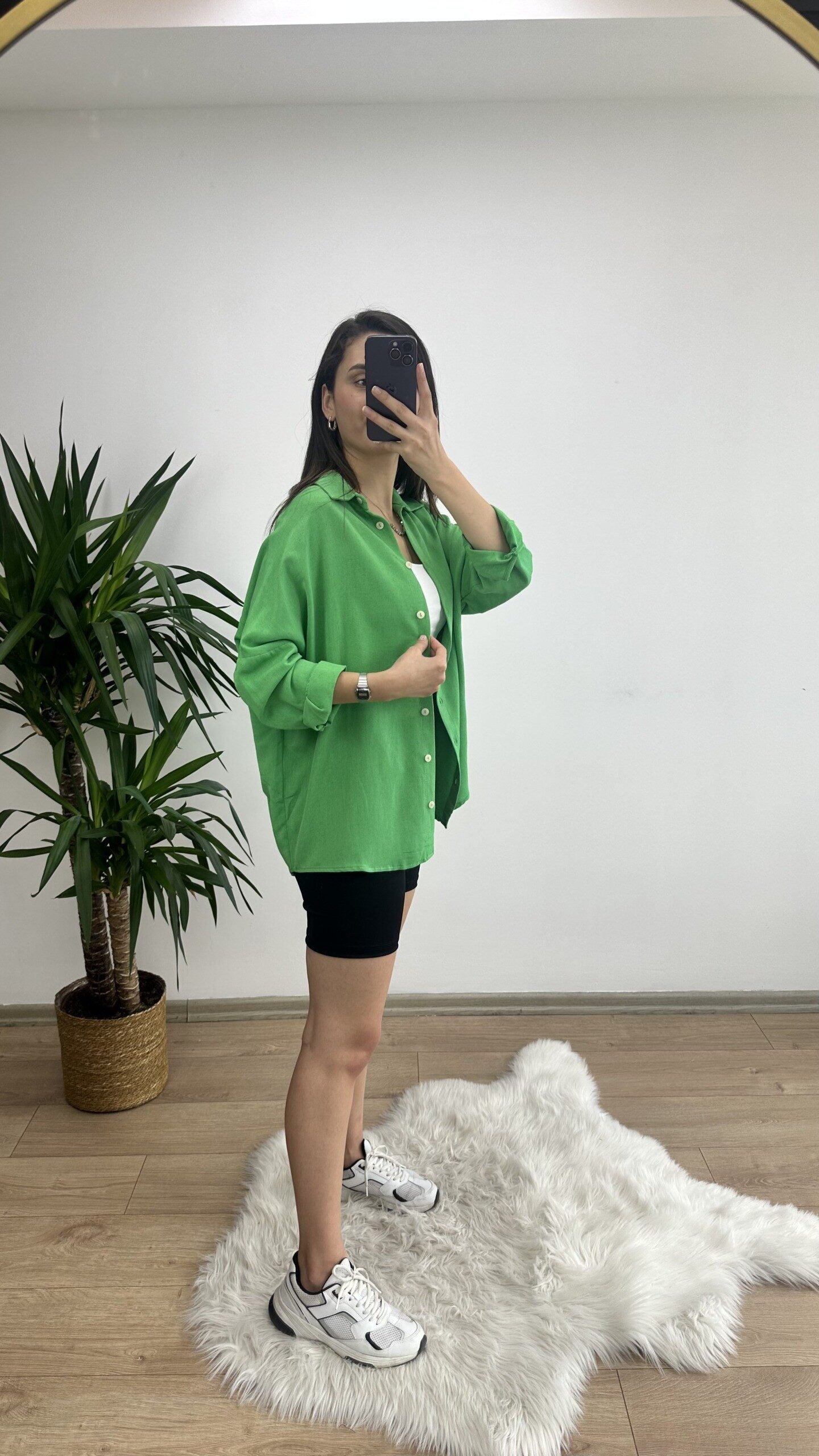 Yeşil Oversize Keten Gömlek - Görsel 5