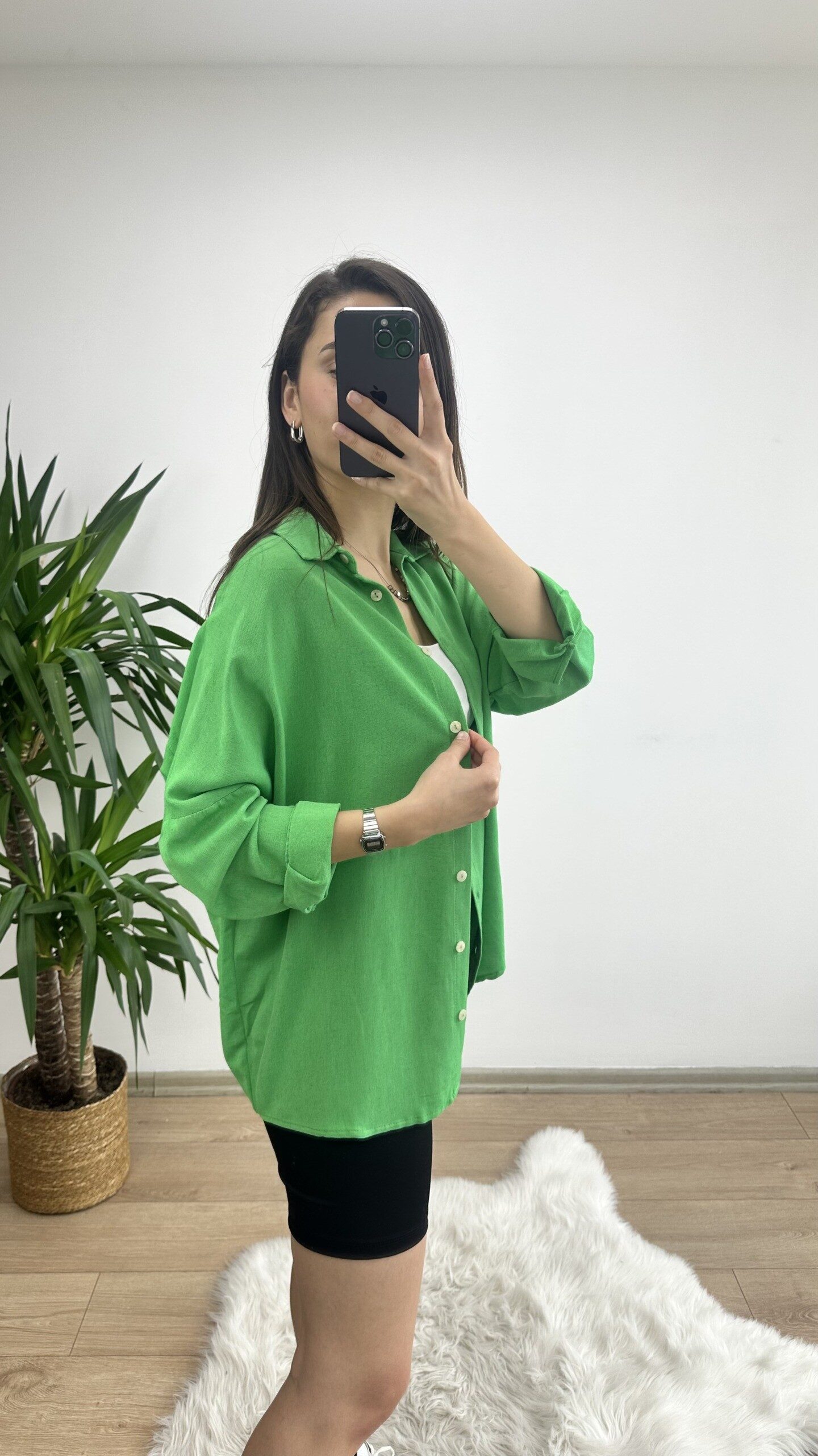 Yeşil Oversize Keten Gömlek - Görsel 4