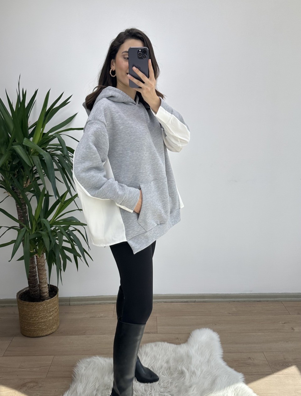 Gri Gömlek Detay Oversize Sweat - Görsel 3