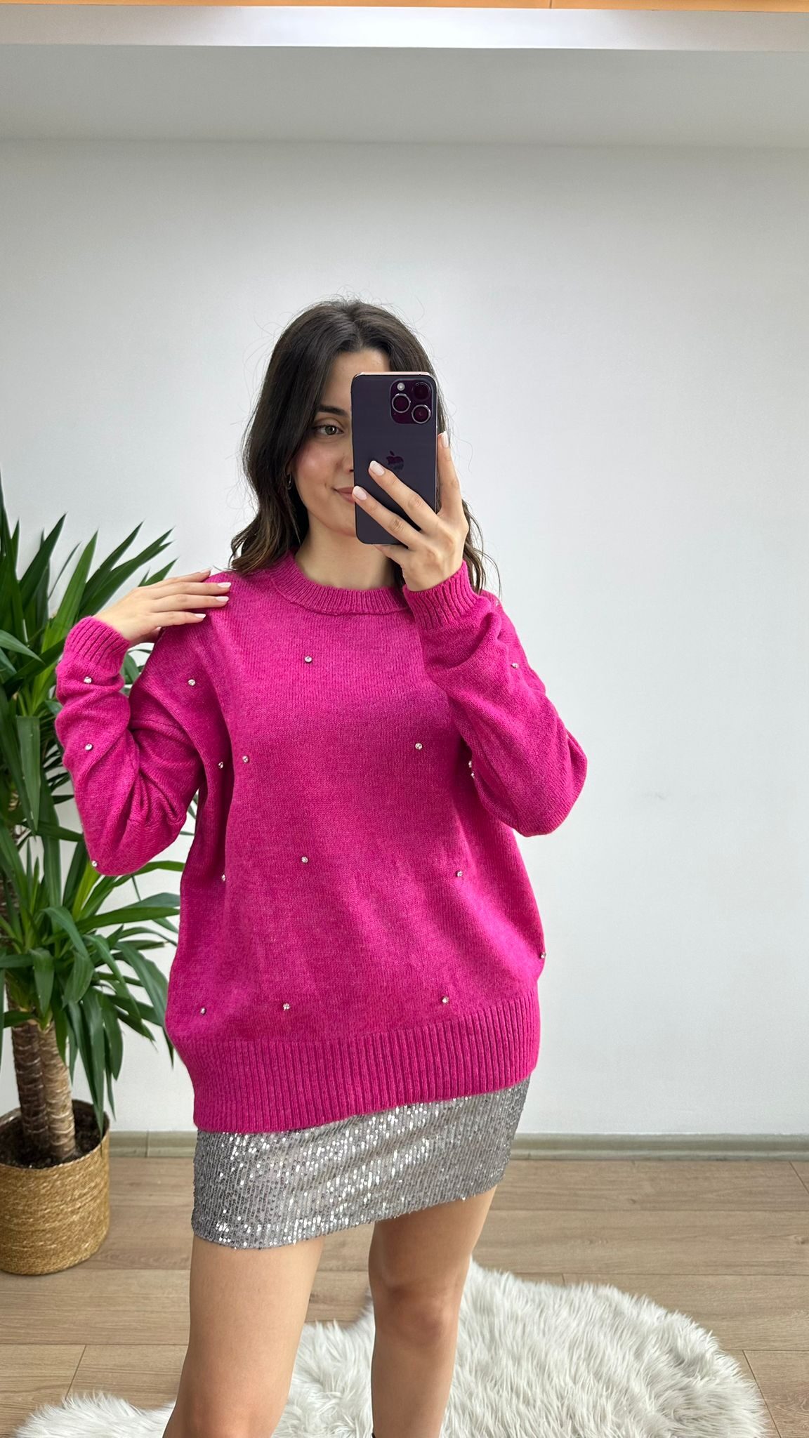 Pembe Taşlı Premium Triko Kazak