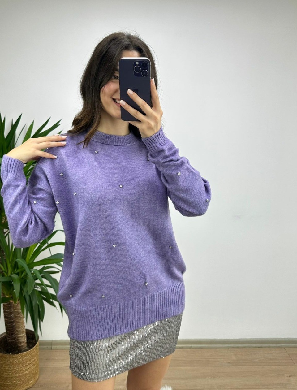 Lila Taşlı Premium Triko Kazak