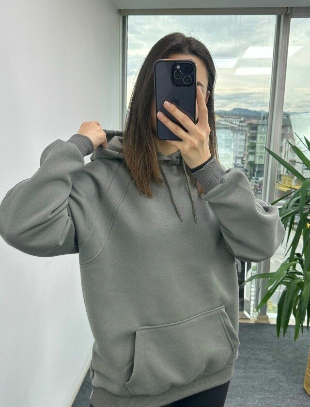 Haki Dikişli Kapşonlu Sweat